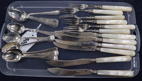 A set of six Edwardian silver dessert knives and forks with mother of pearl handles, Sheffield 1905, set of six teaspoons and five Newc
